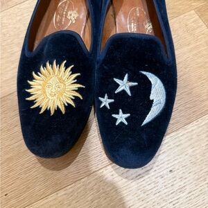 Stubbs & Wootton Navy Velvet Loafers with Sun and Moon Embroidery
